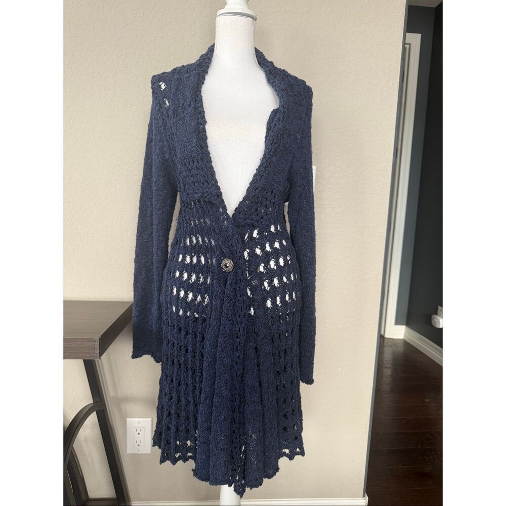 Soft Surroundings Loose Knit Crochet Duster Cardigan Navy Blue Large